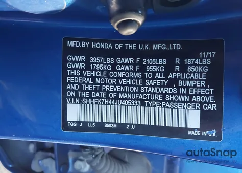 2018 Honda Civic Sport from USA, damaged, VIN SHHFK7H44JU405333